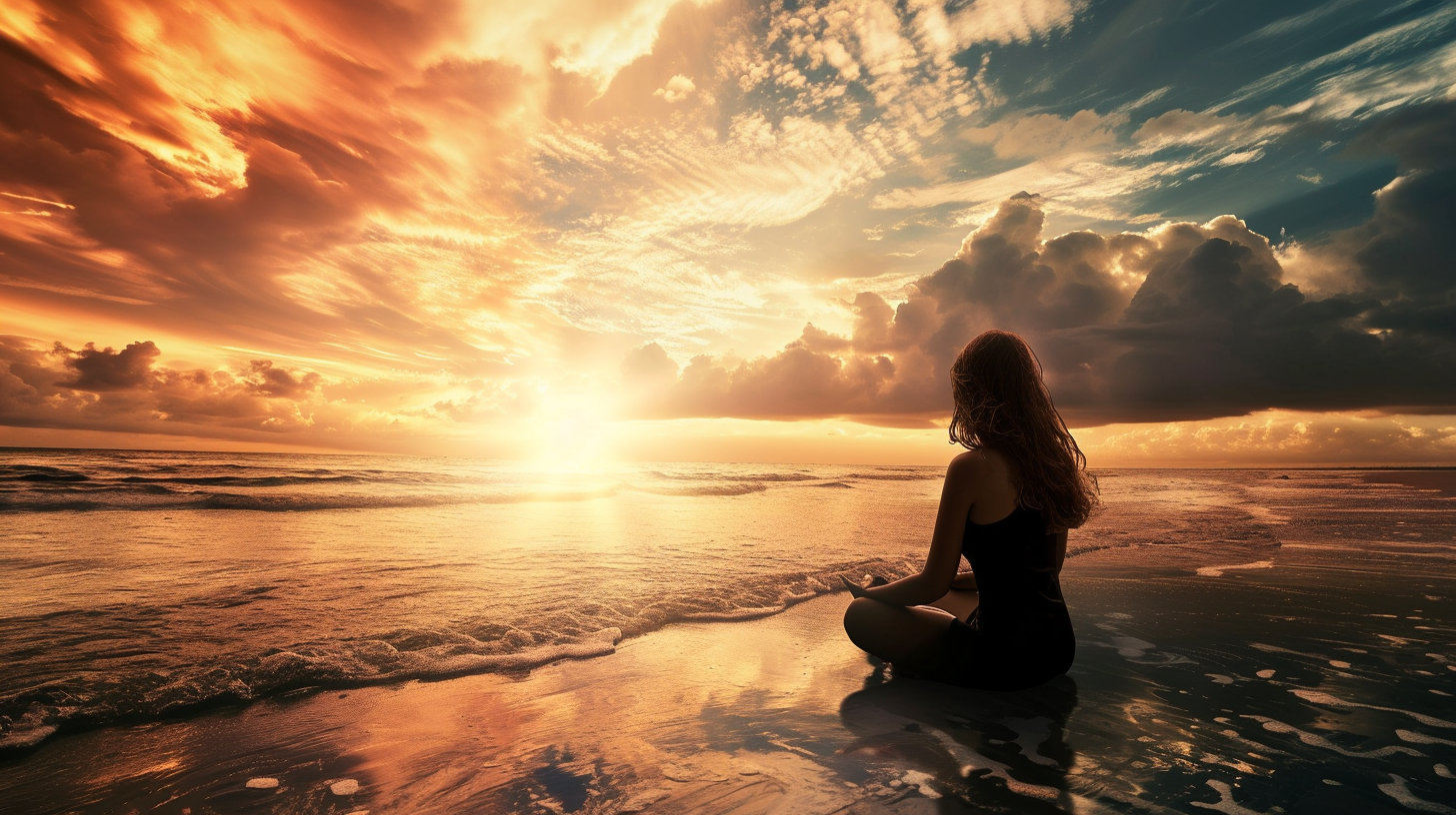 Meditation woman with dreams on beach sunset