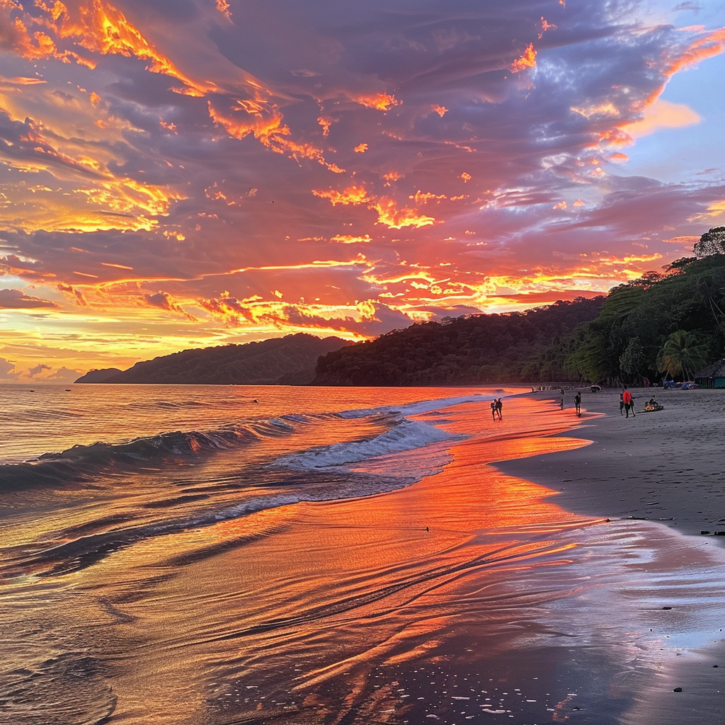 People enjoying beach activities at sunset