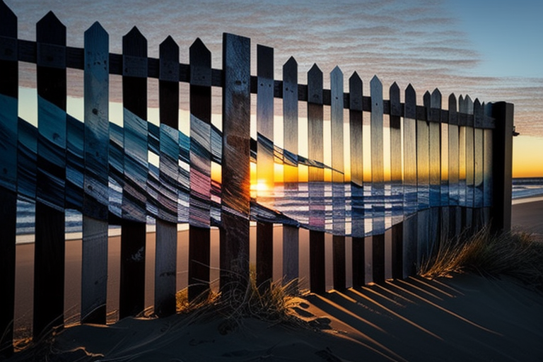 Realistic surfboard fence with stunning beach sunset