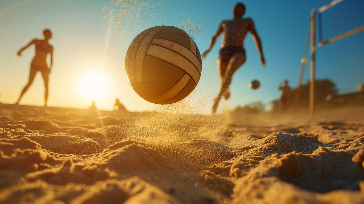 Beach volleyball action shot at sunset