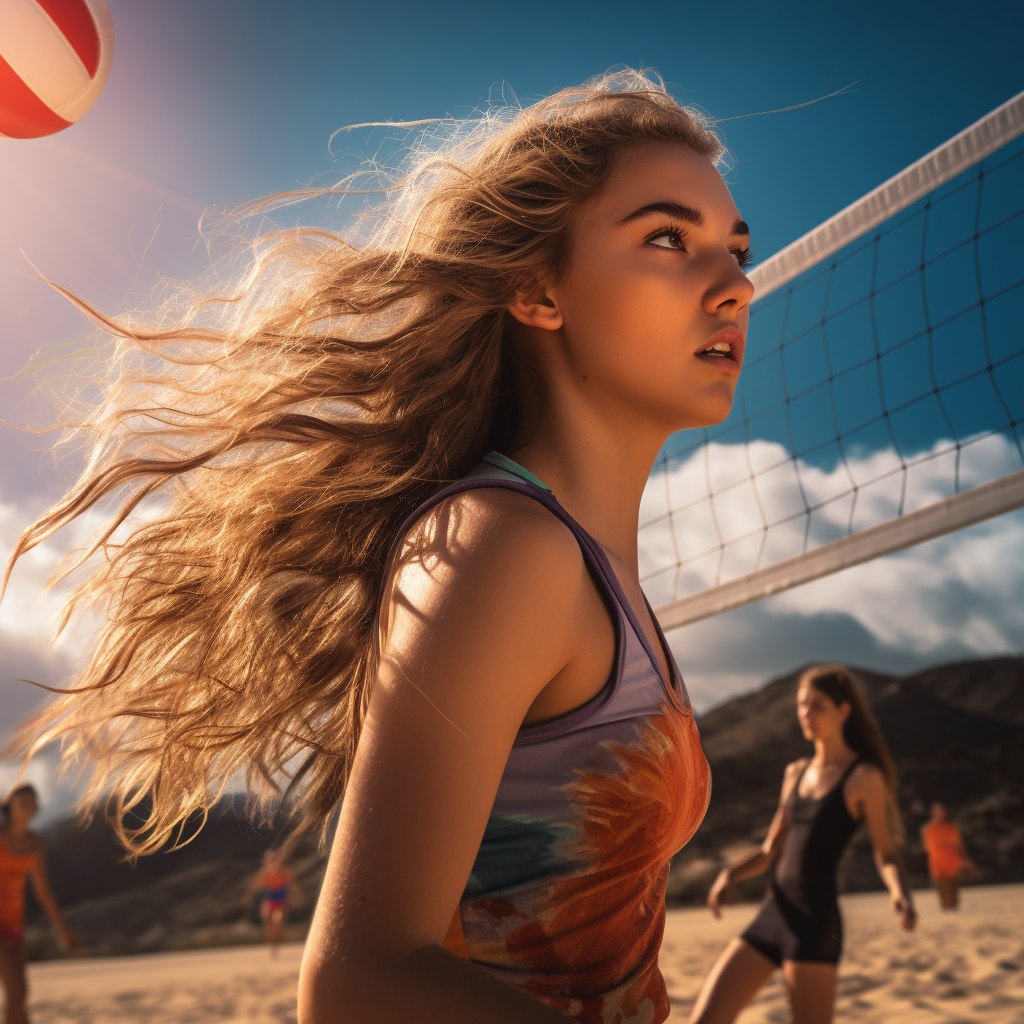 Girl playing beach volleyball, Florence Pugh