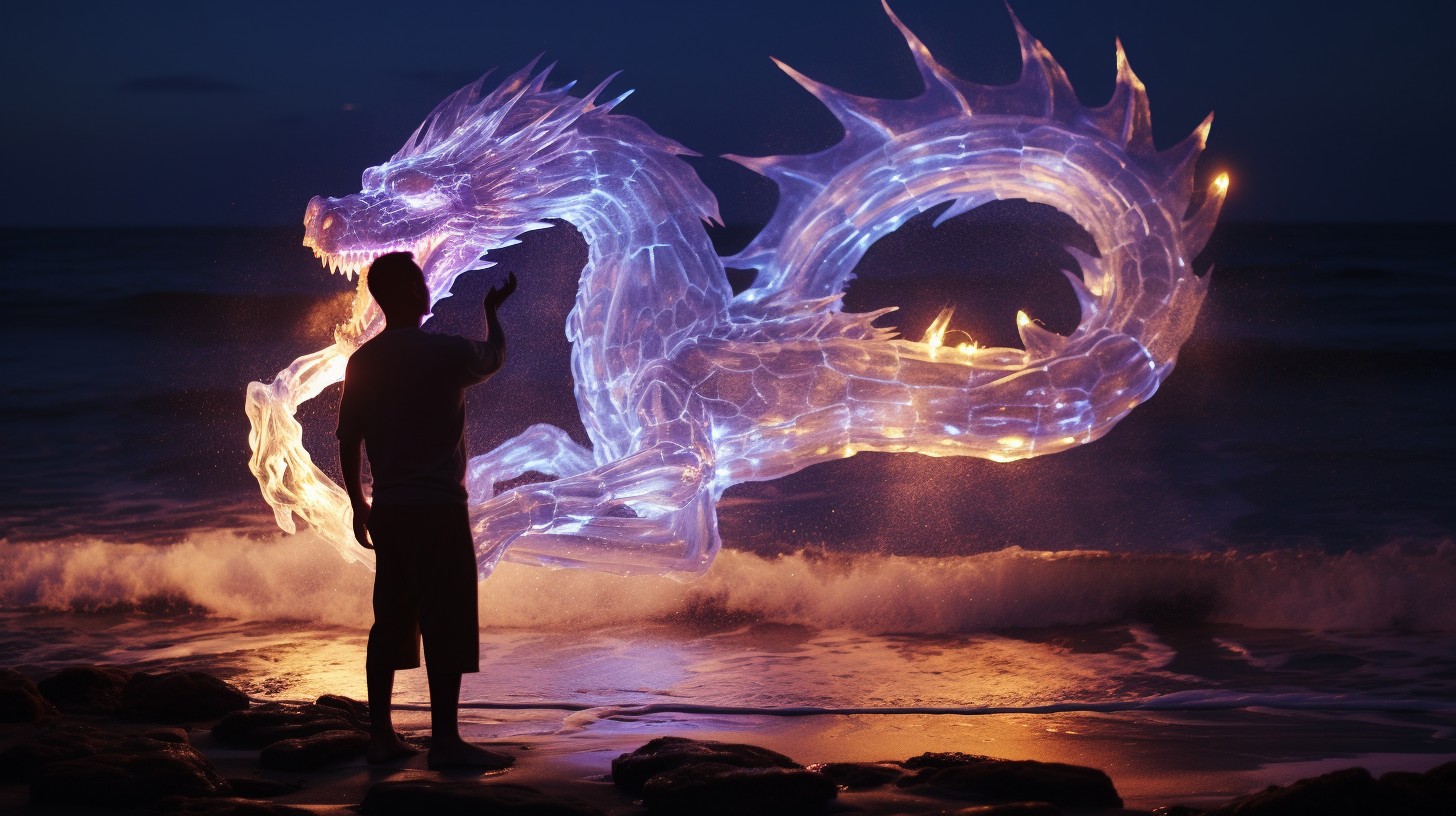 Glowing water dragon on beach at night