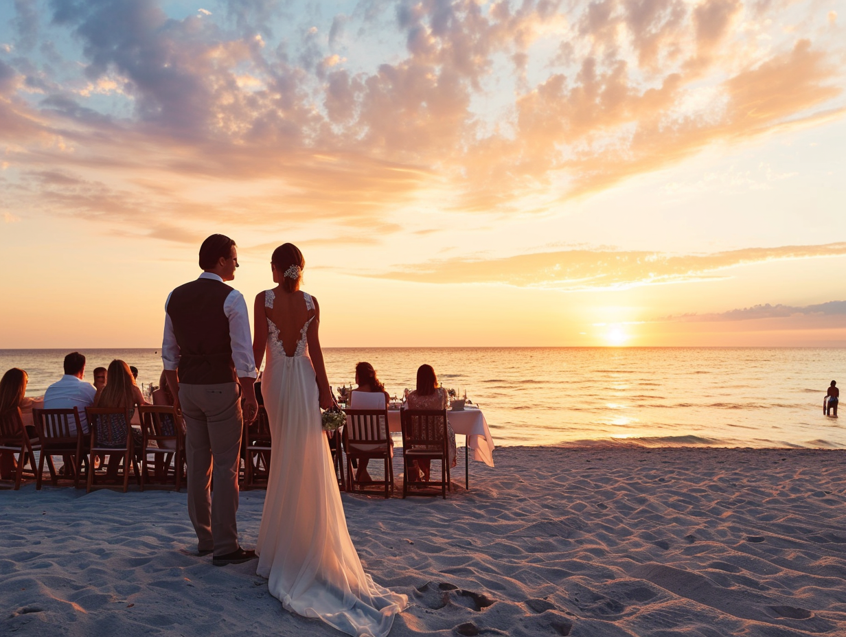 Beach Wedding Sunset with Bride and Groom