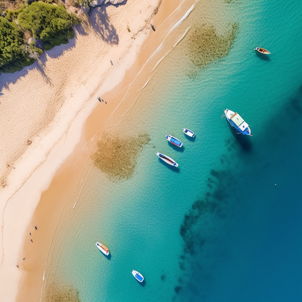 Aerial view of sunny beach and blue sea