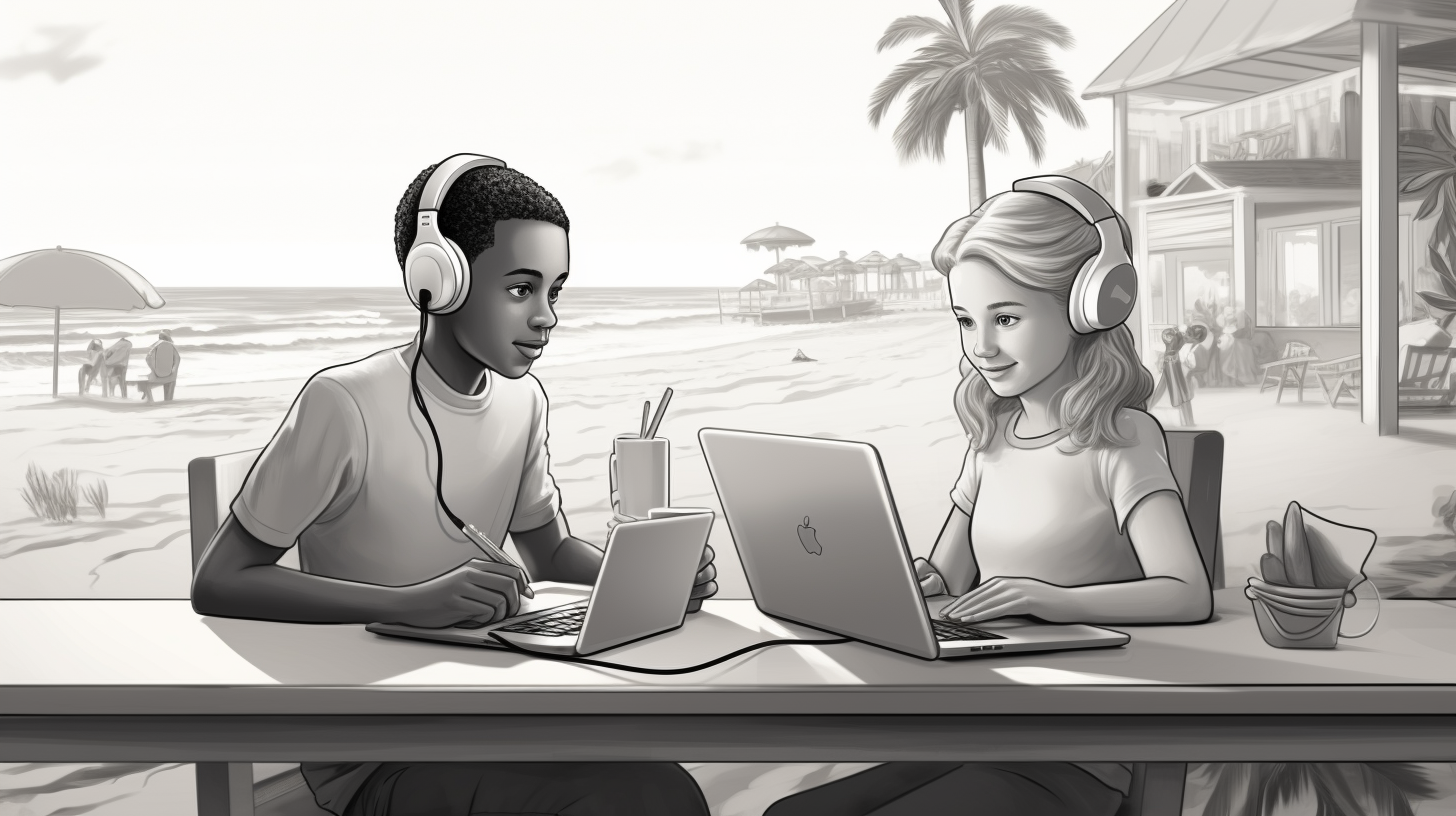 Black boy and white girl peacefully working on laptops at Cascais beach