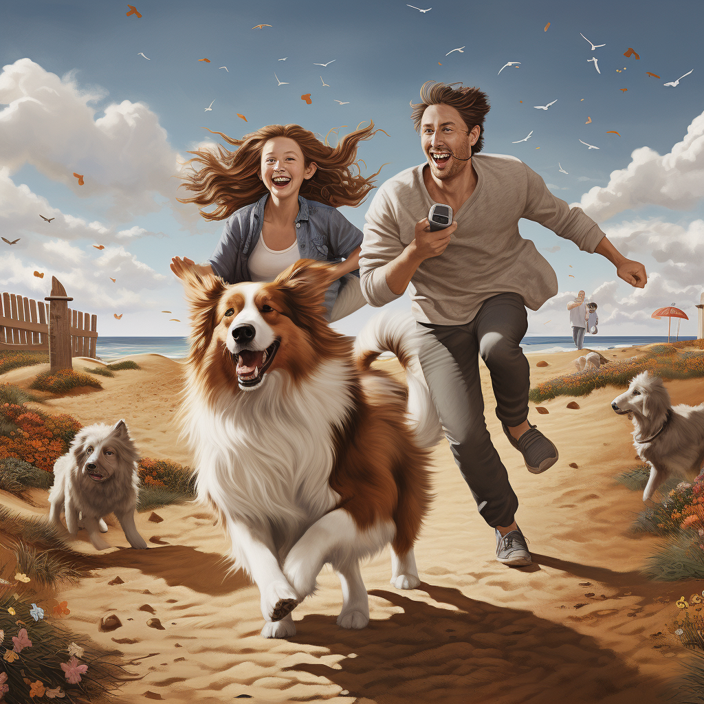 Happy family enjoying beach with their Shetland Sheepdog