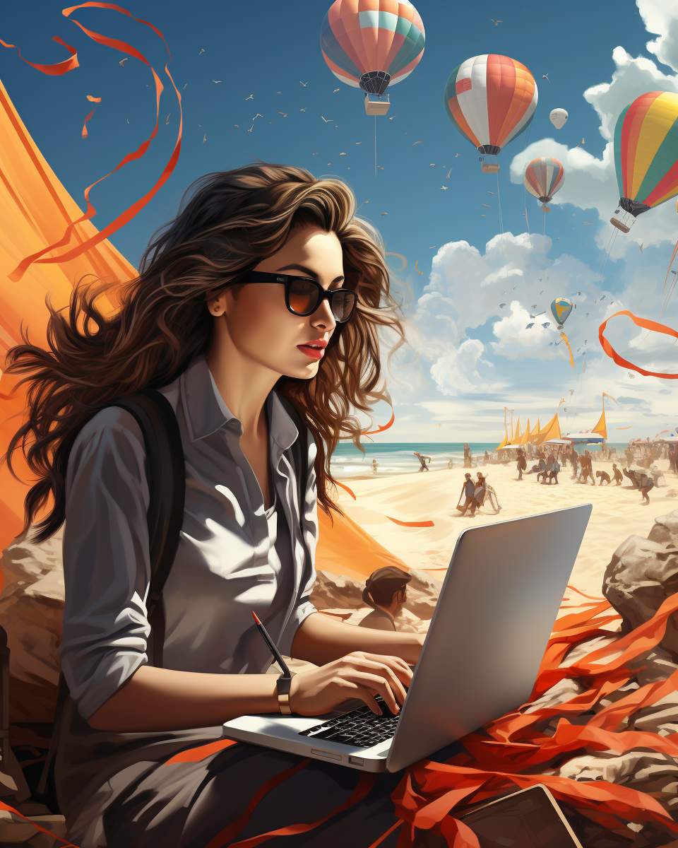 Pakistani female entrepreneur working on laptop on beach