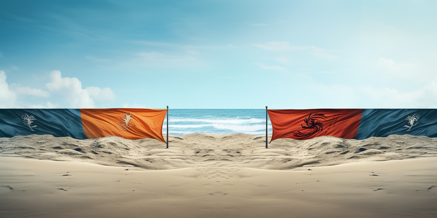 Two white banners on beach