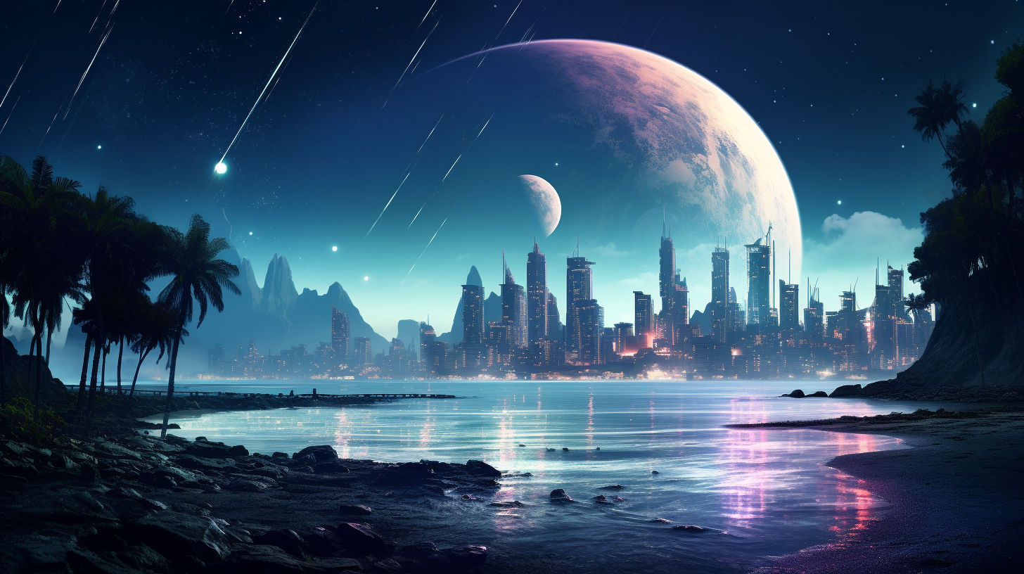 Beach Night with Stars, Moon, and Cyberpunk City