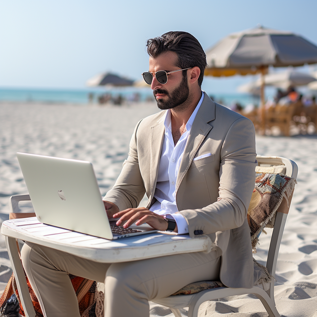 Pakistani entrepreneur working on laptop at beach