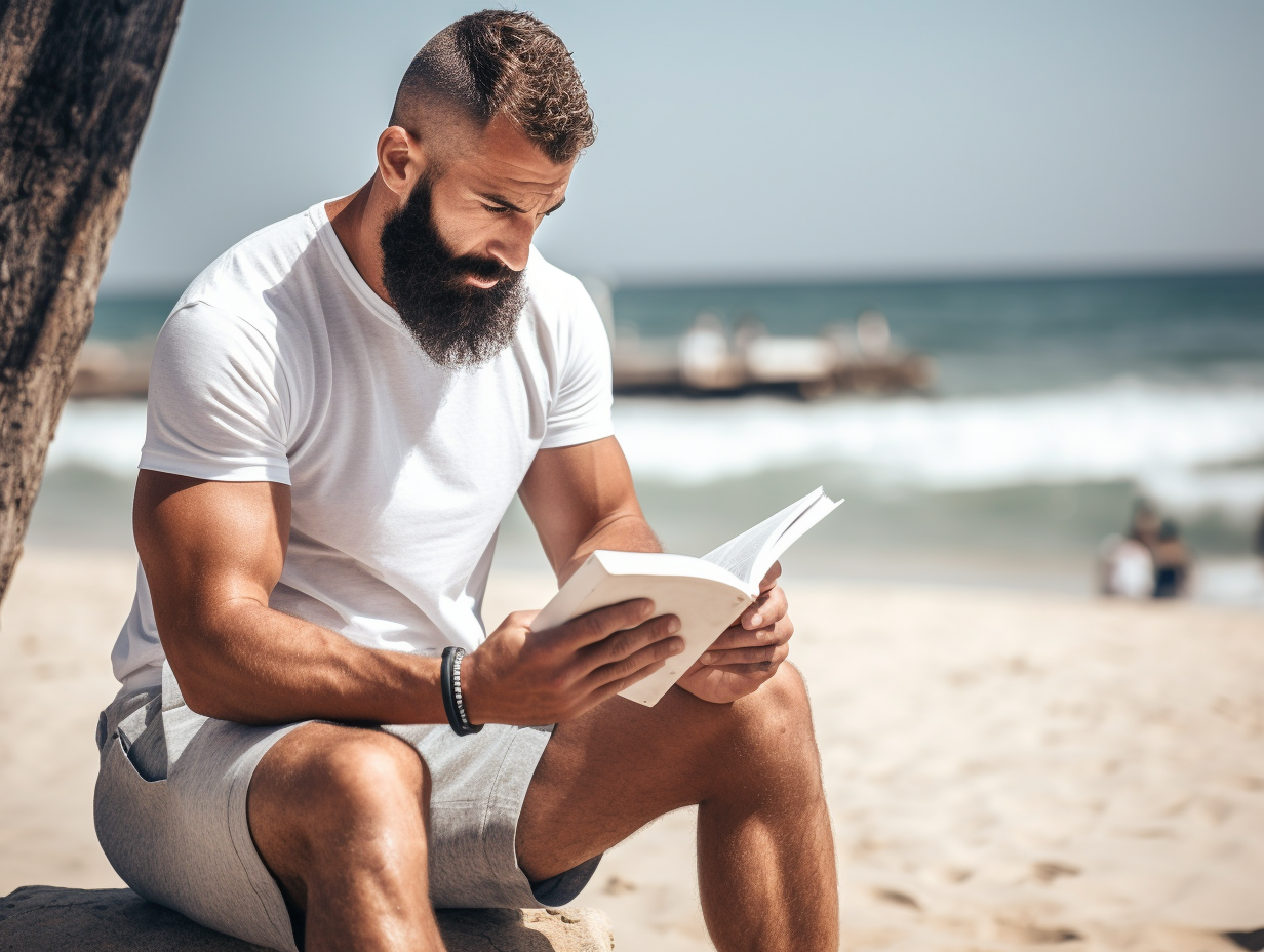 Muscular man reading book on Tel Aviv beach