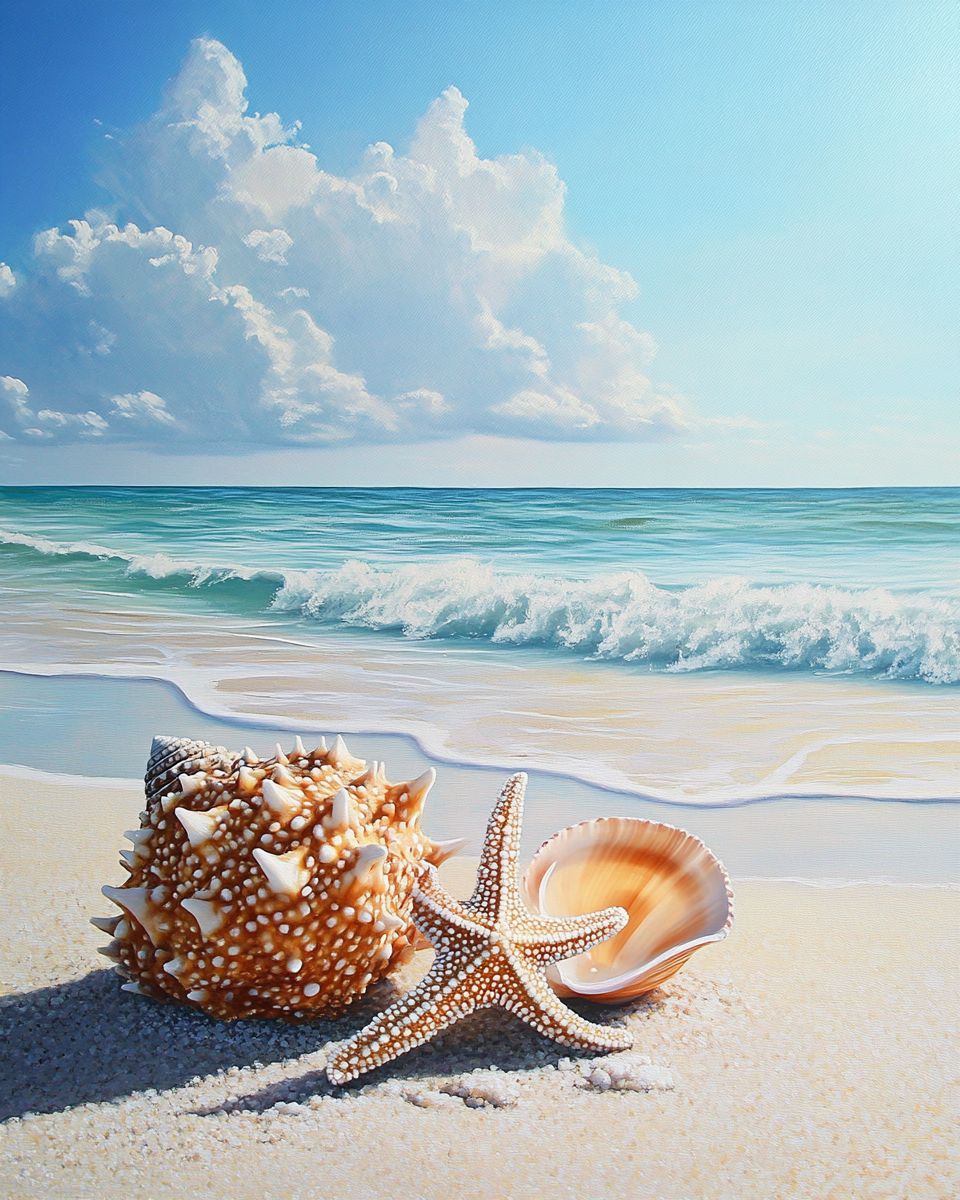 Starfish and Conch Shell on Beach