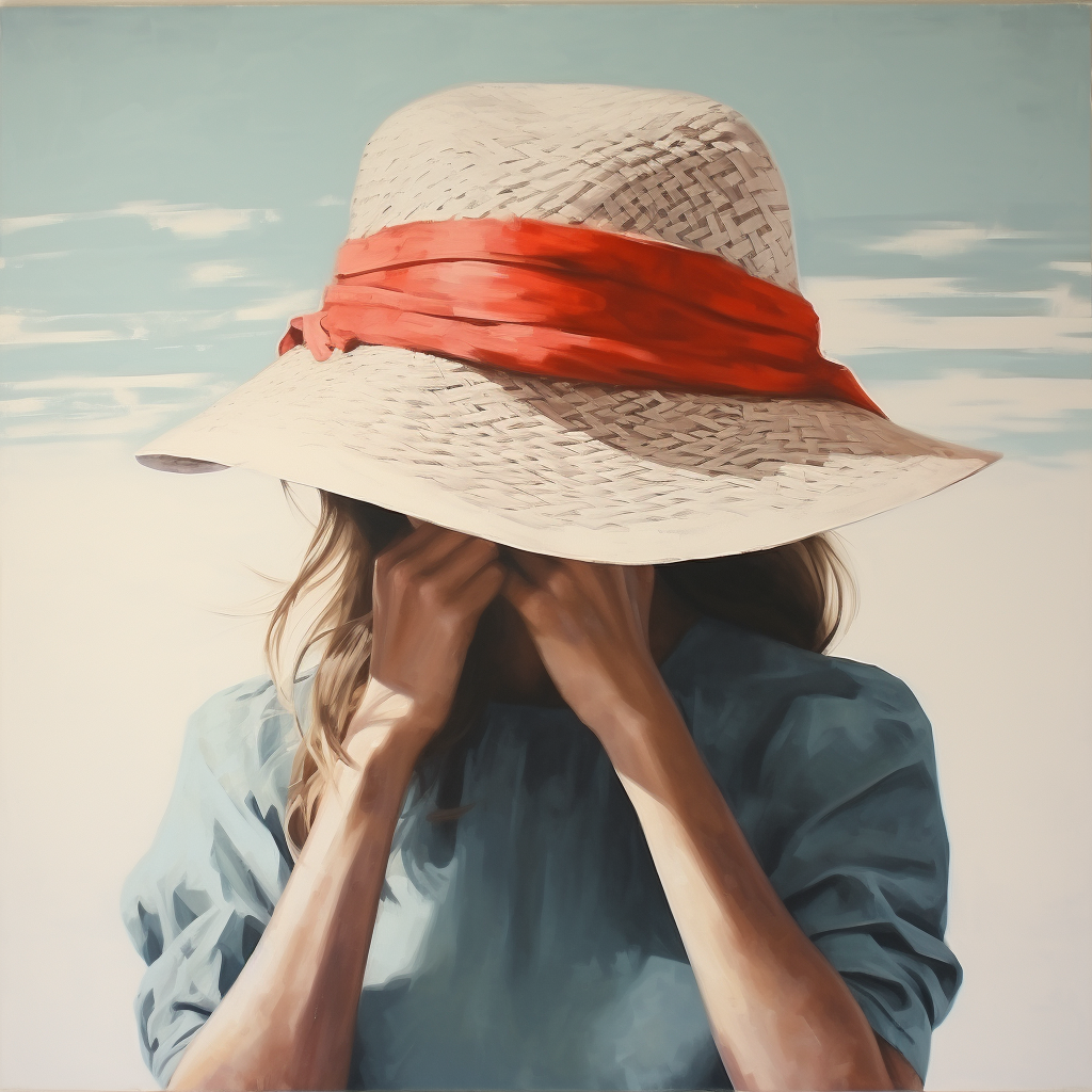 Woman with Beach Straw Hat and Falling Shadows