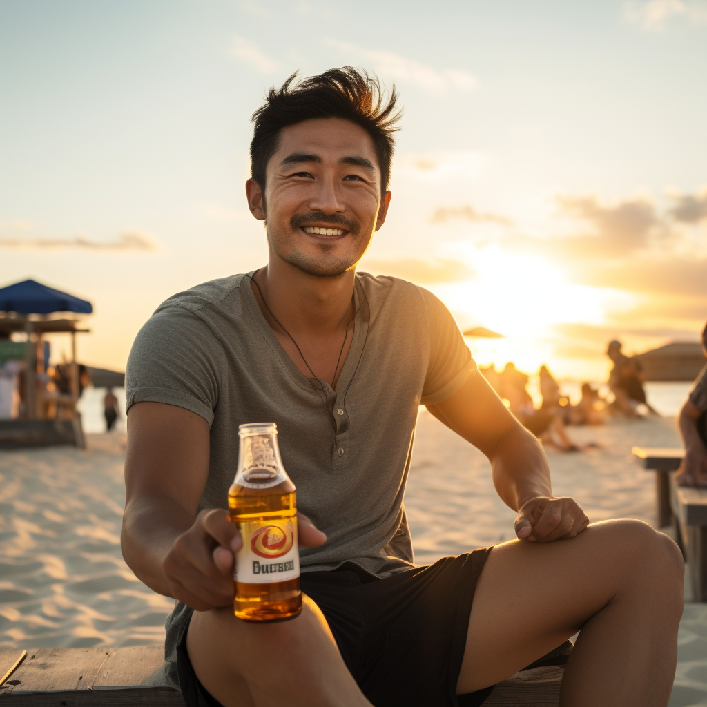 Asian man enjoying beer on beach