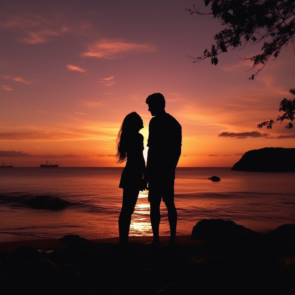 Silhouette of Young Couple at Brazil Beach Sunset