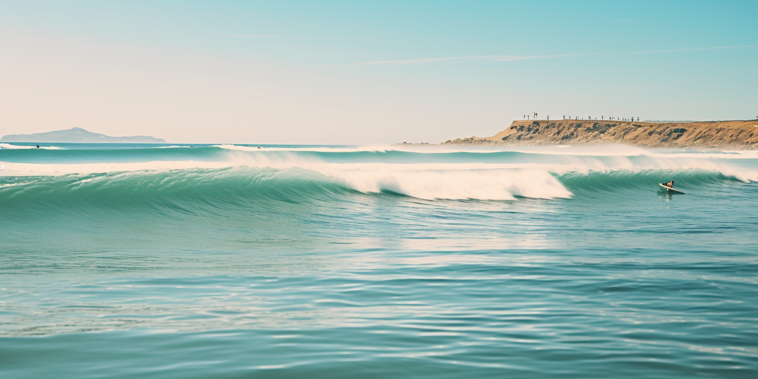 Surfers riding waves on a beautiful beach