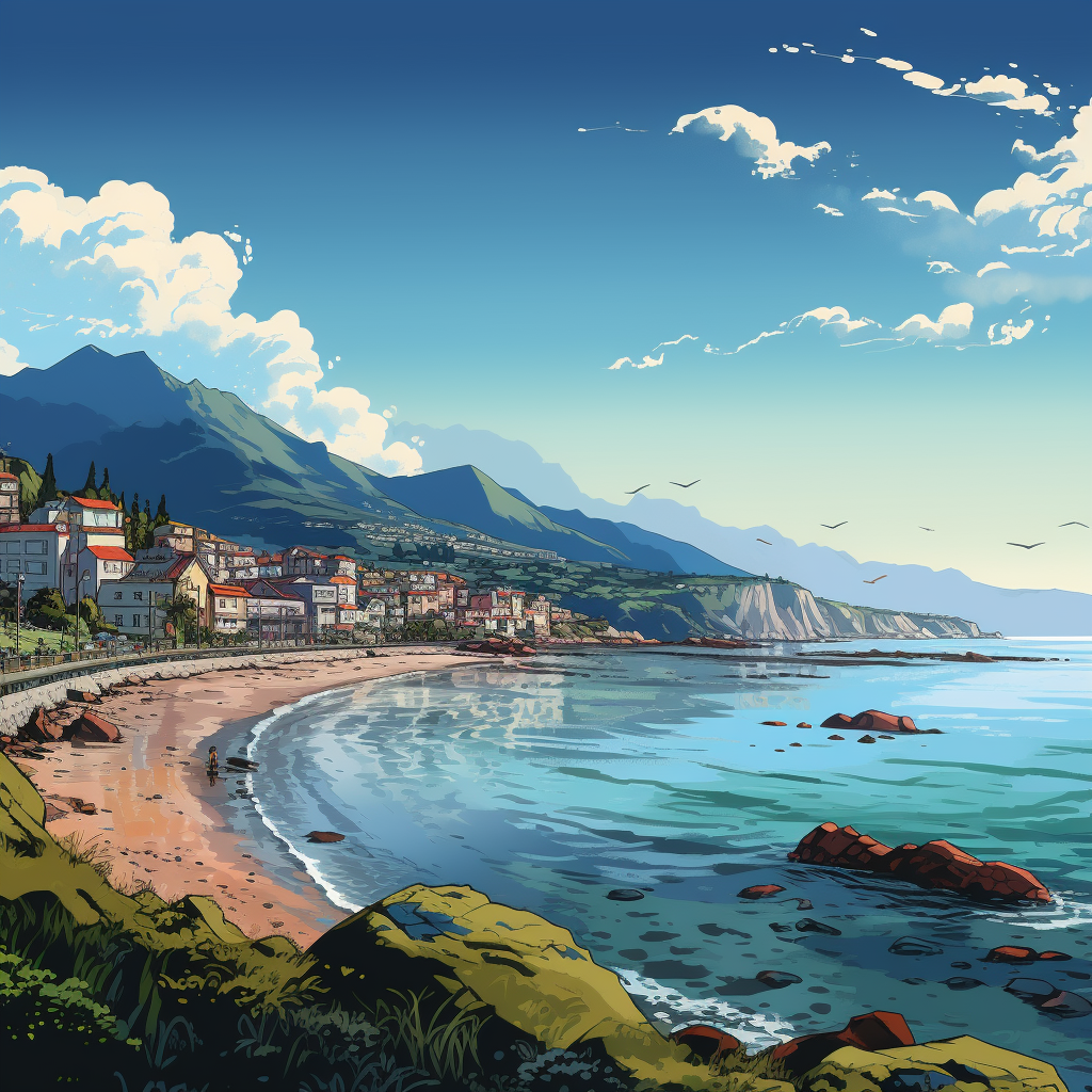 Vibrant beach town with ocean and mountain backdrop