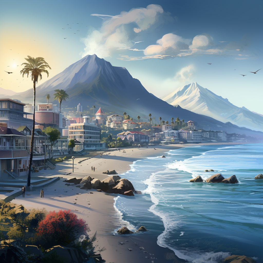 Beautiful beach town with ocean and mountain backdrop