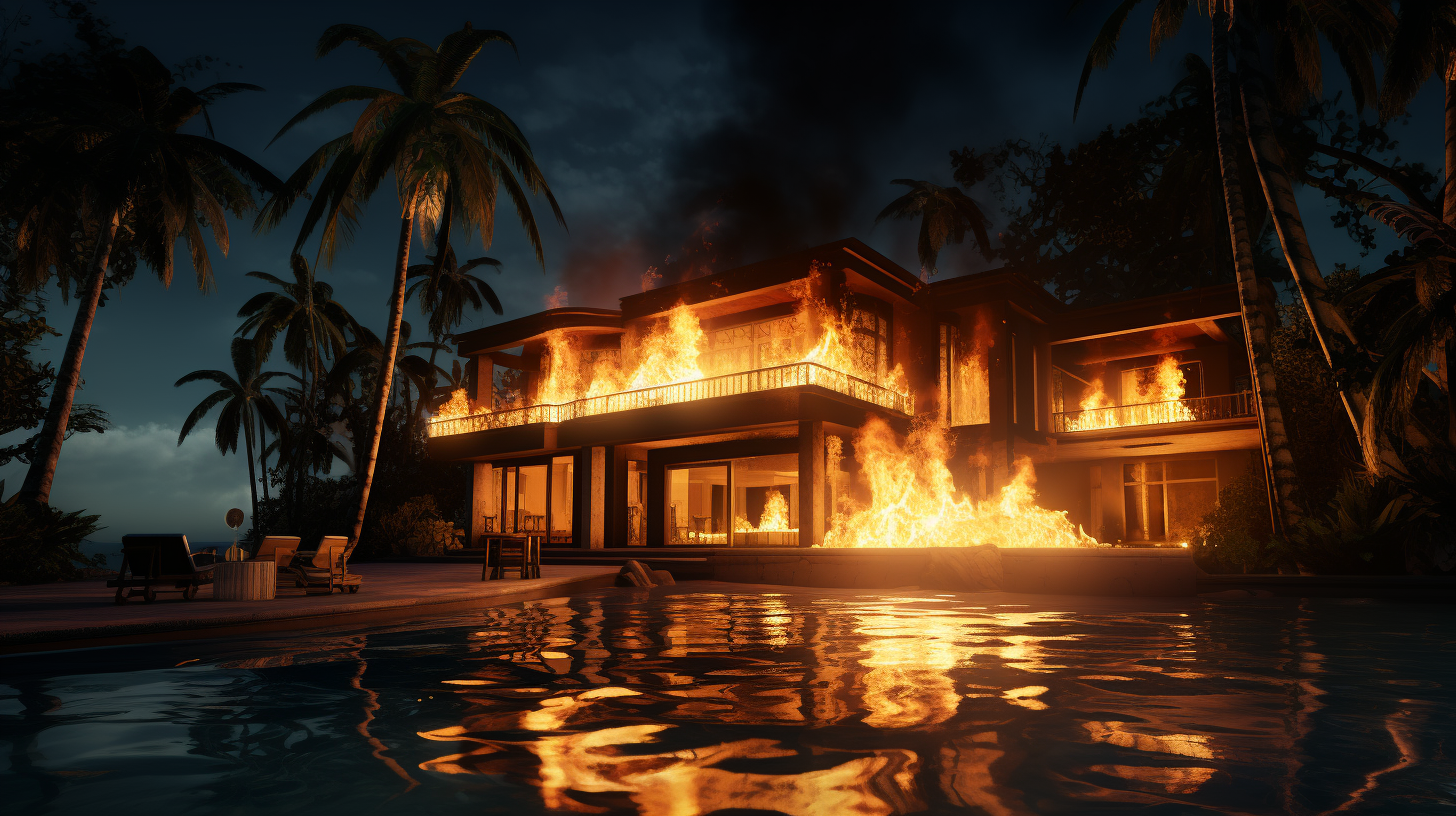 Burning Miami Beachside Mansion at Night