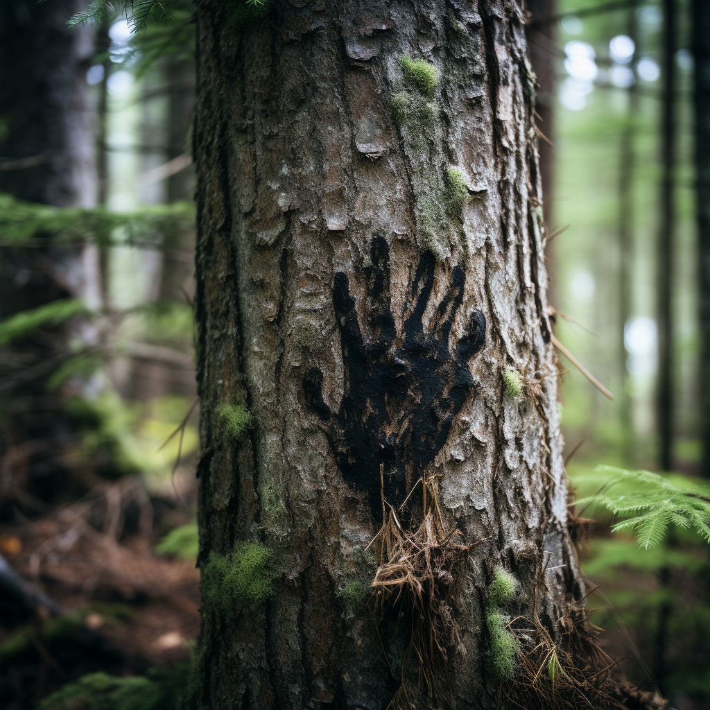 Bear claw scratch on mysterious forest tree