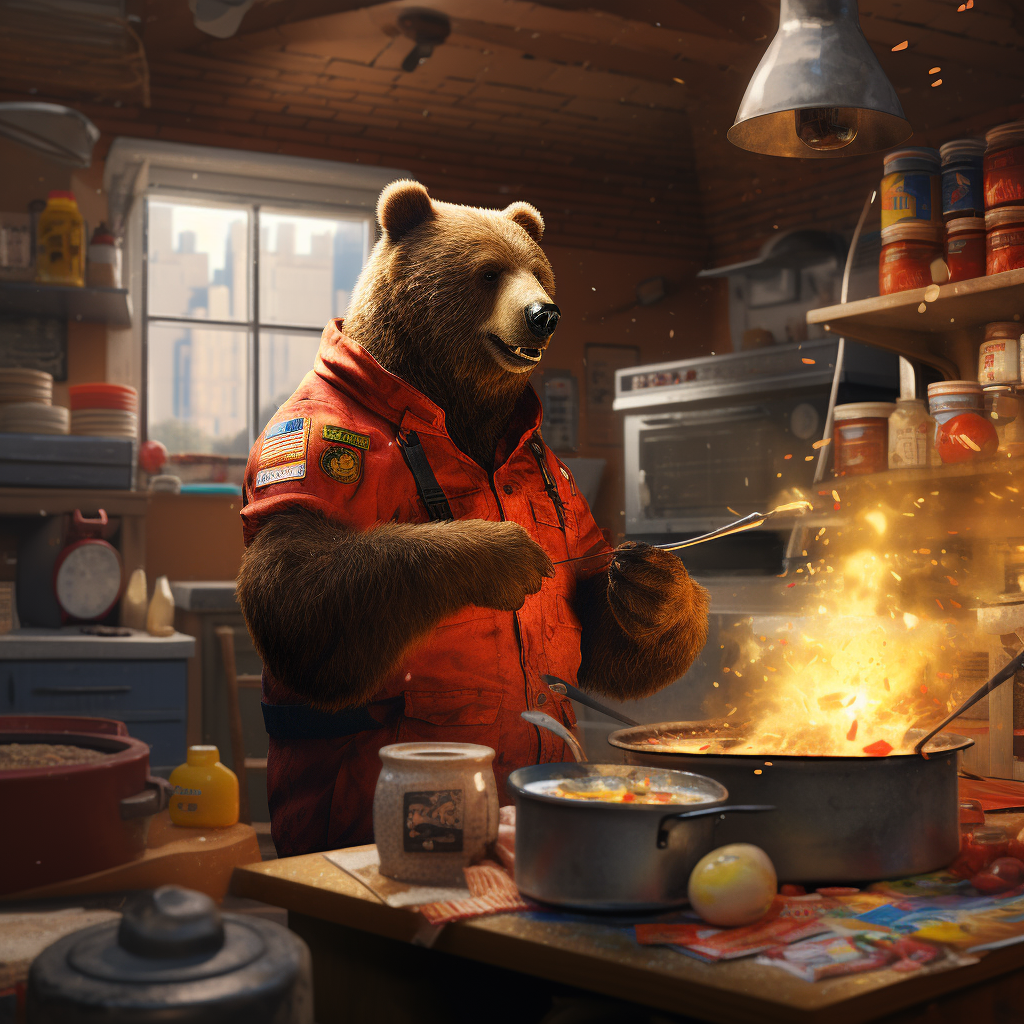 Bear cooking chili in fire station