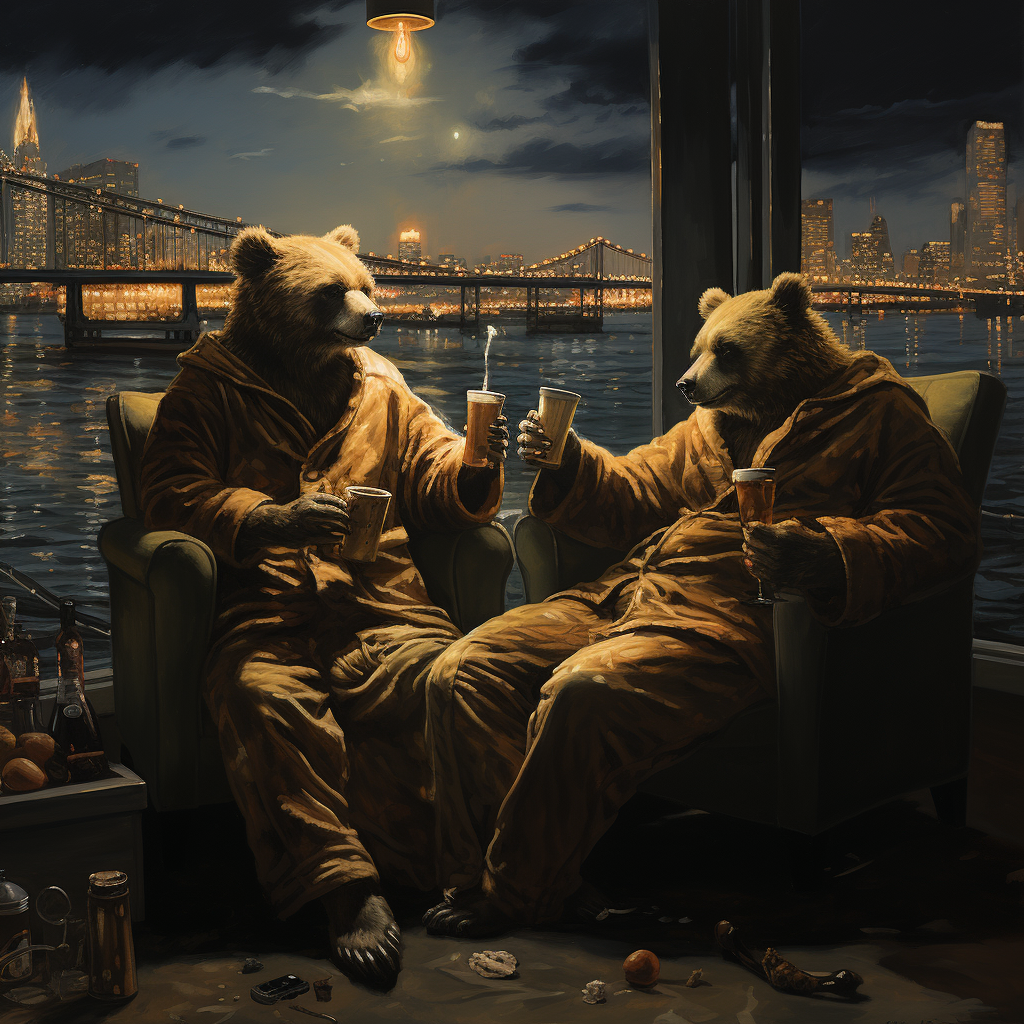 Two people toasting in bear costumes with wine