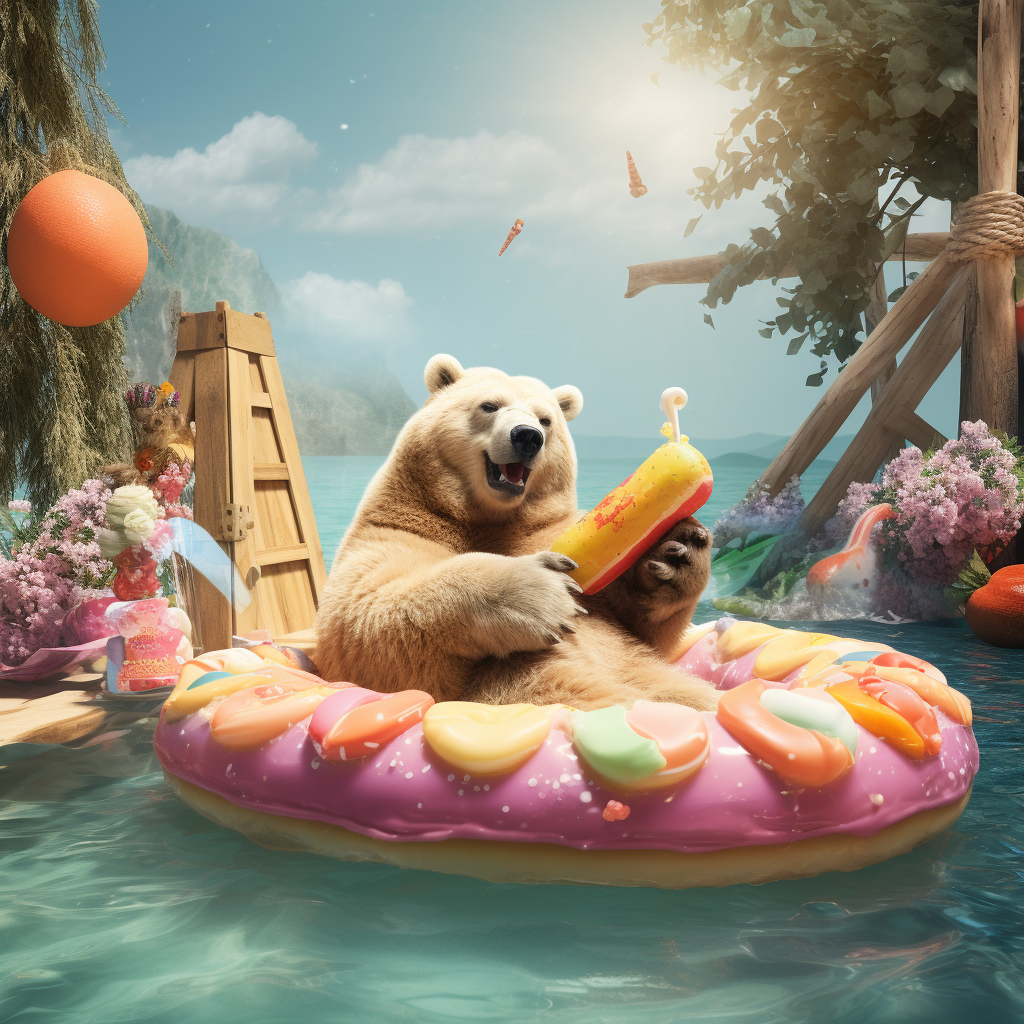 Bear enjoying snacks on unicorn pool floaty