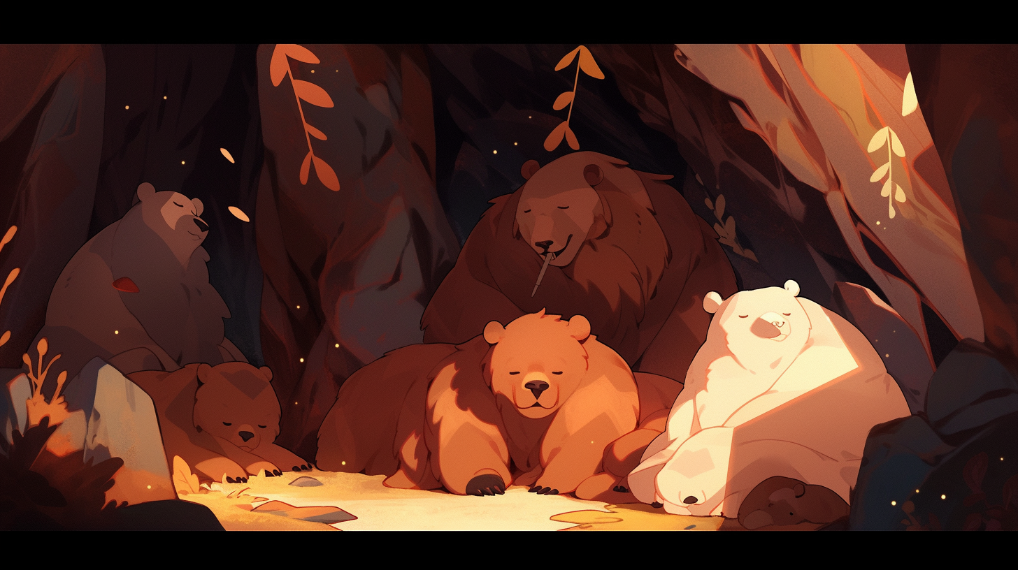 Bear group dreaming in cave