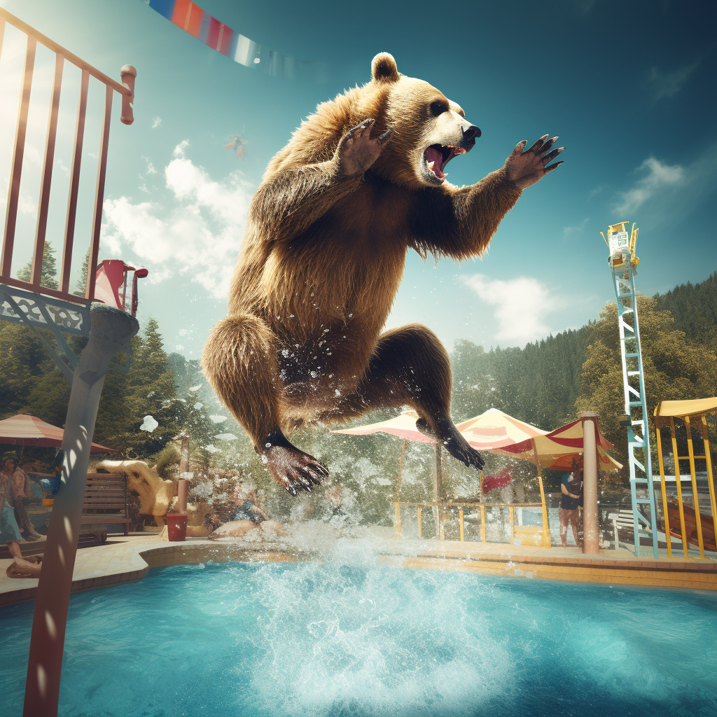 Bear enjoying diving board in swim trunks