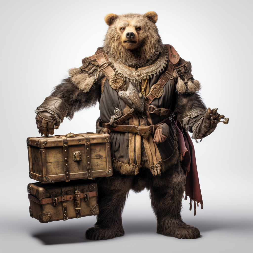 Bear soldier holding wooden treasure box