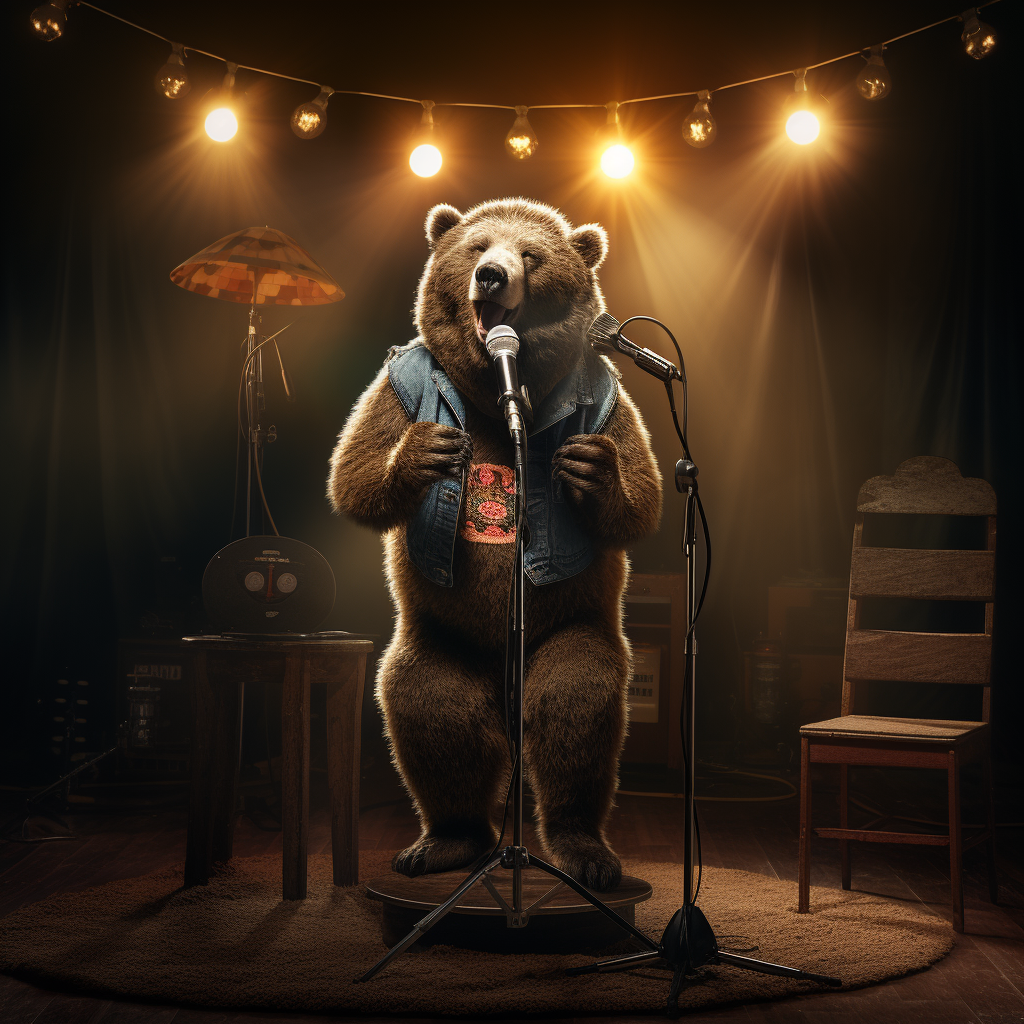 Photo realistic image of a bear with microphone and stage setup