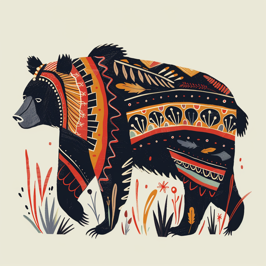 Bear walking in folk illustration