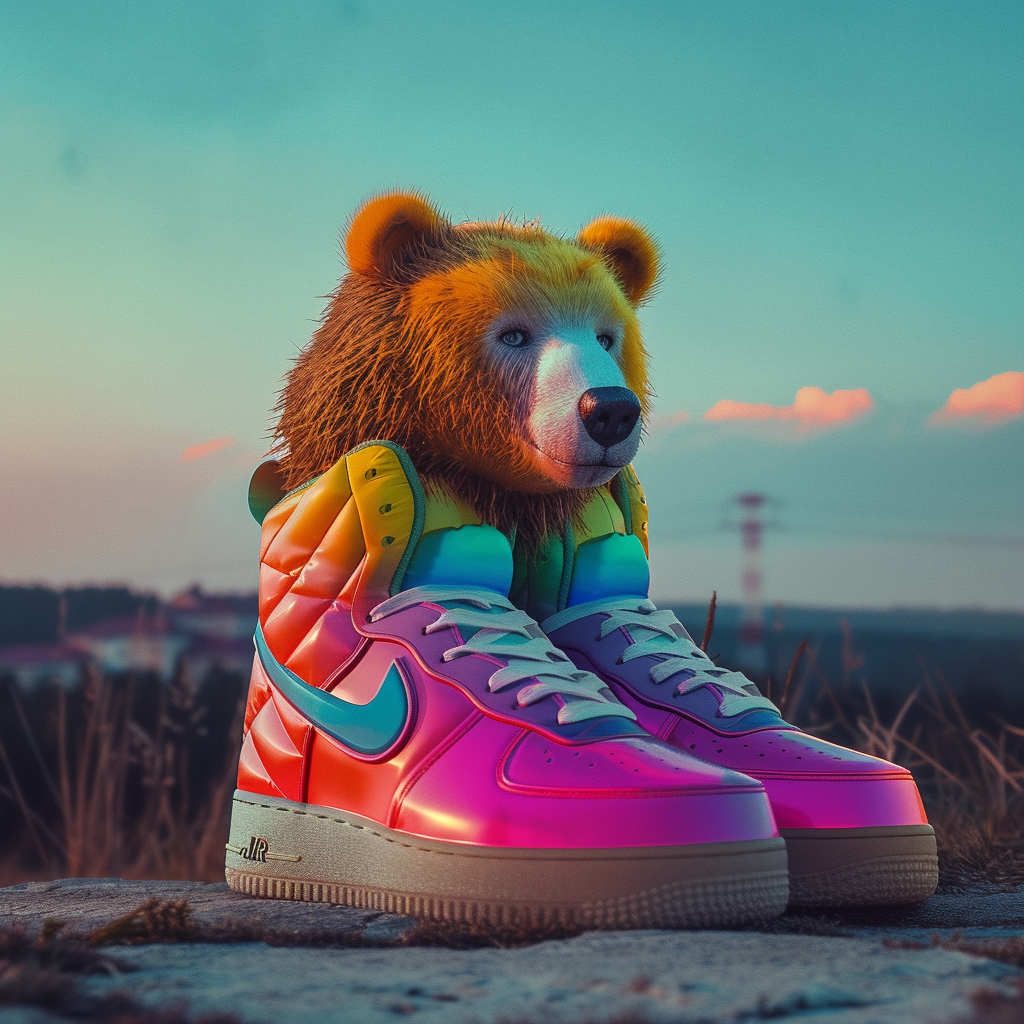 Bear wearing colorful Nike Airforce shoes