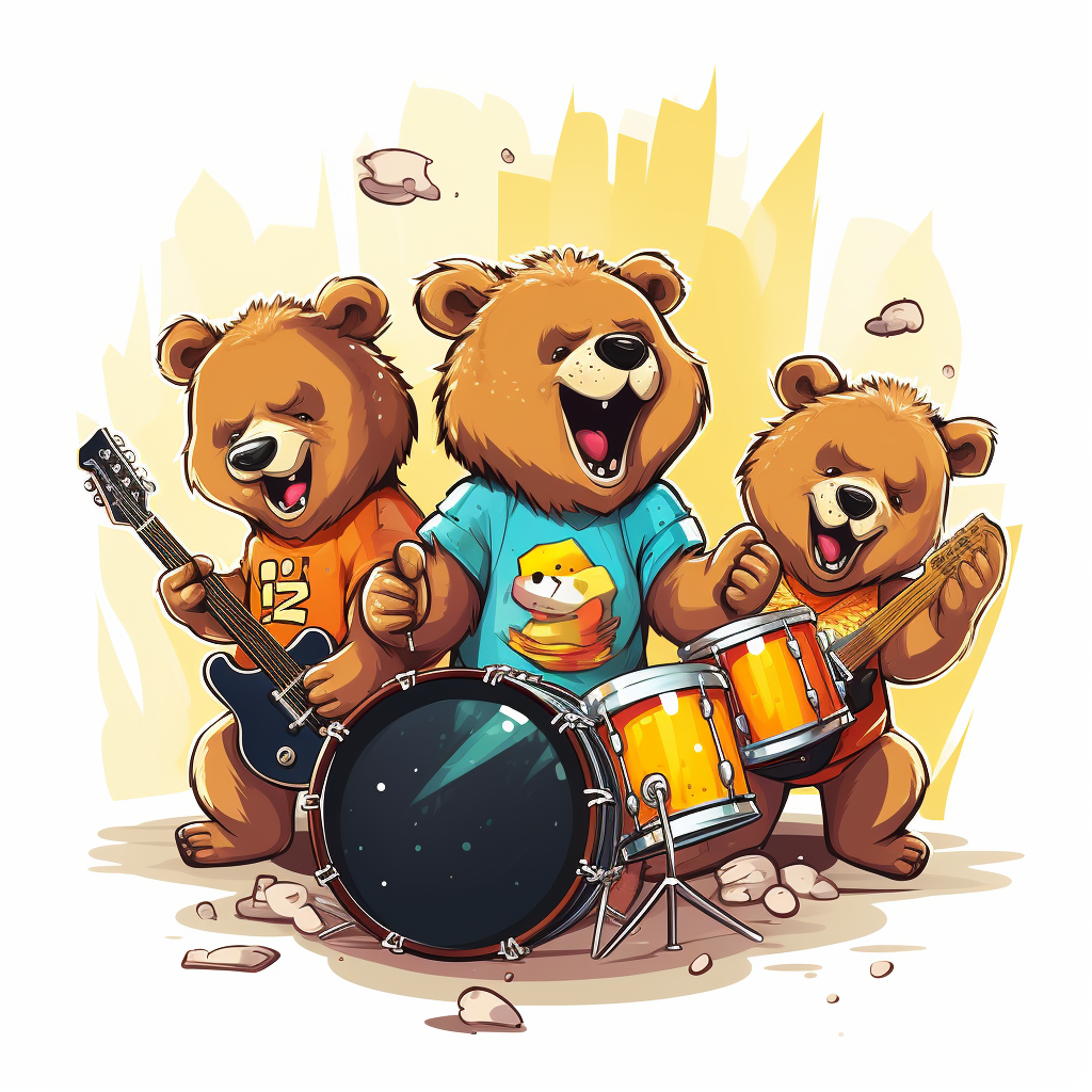 Smiling bear cartoon rock band playing music