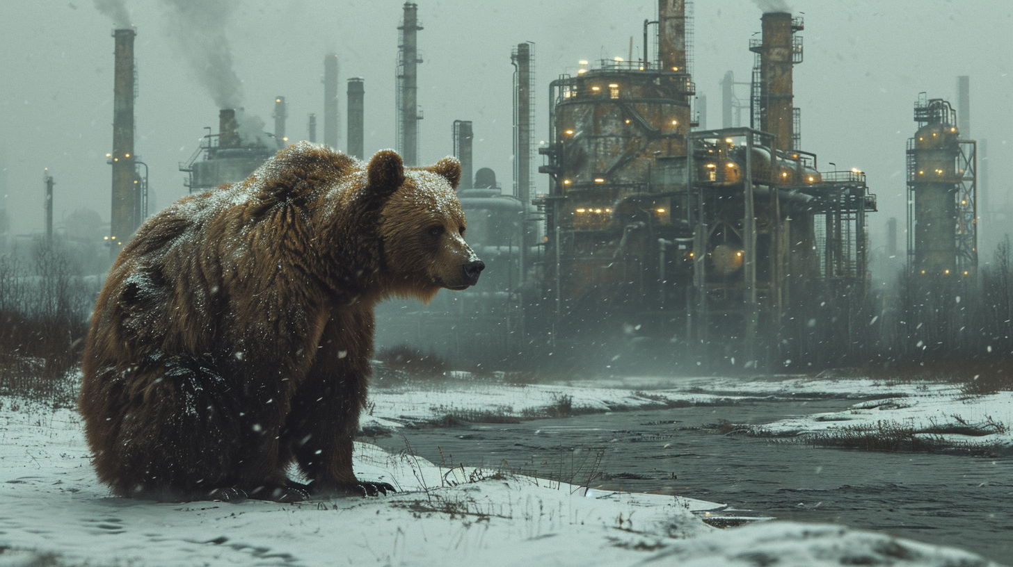 Bear by River with Chemical Plant in Snow