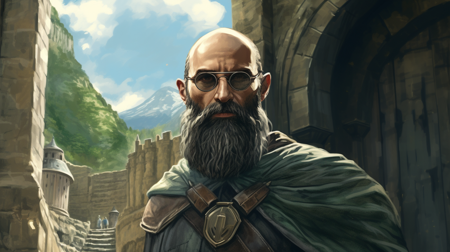 Bearded bald hipster entering Helms Deep