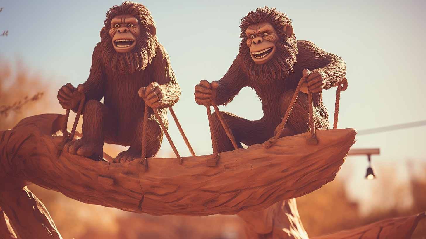 Two bearded cavemen on a teeter totter at a playground