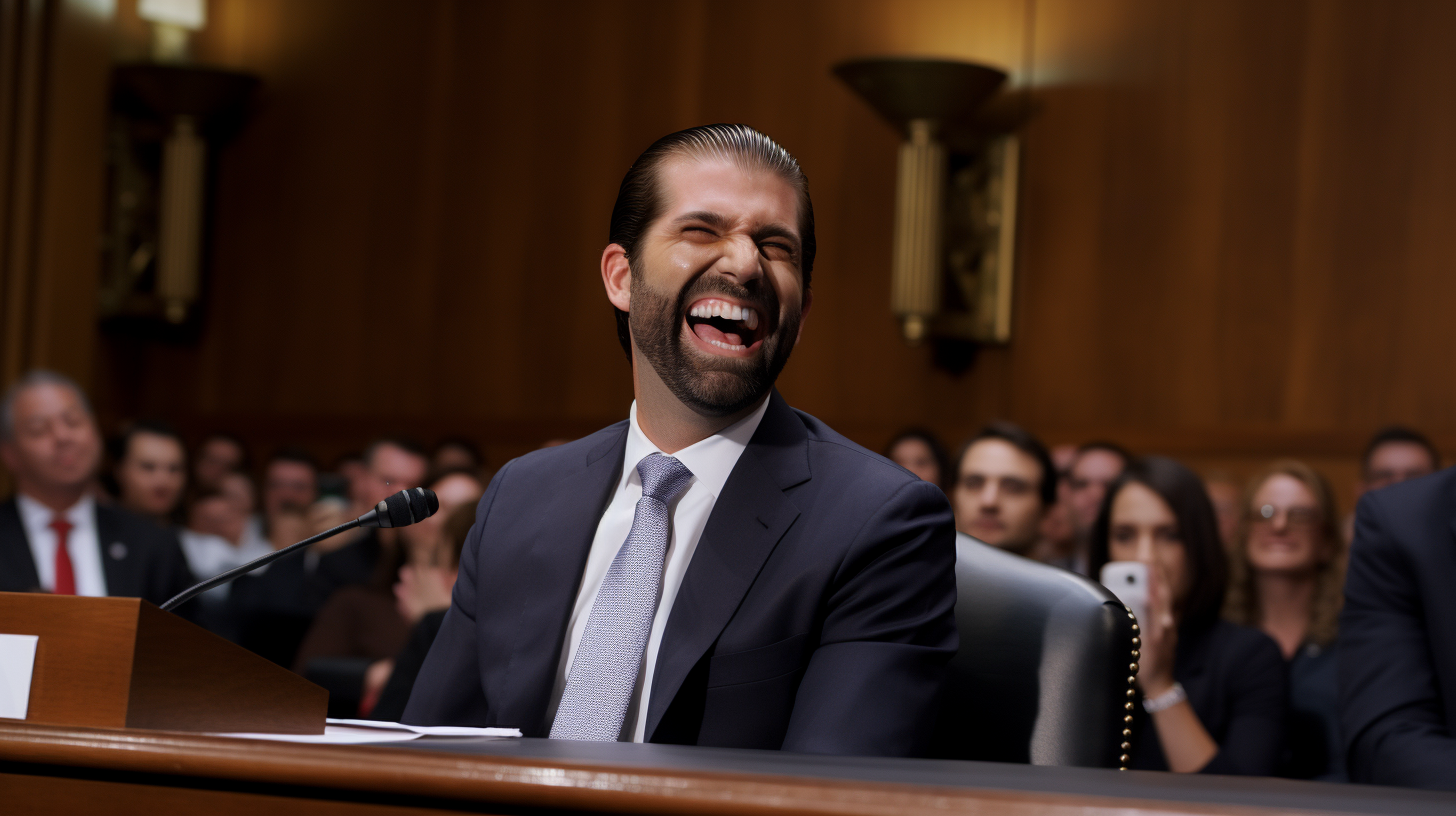 Bearded Donald Trump Jr. laughing on the witness stand