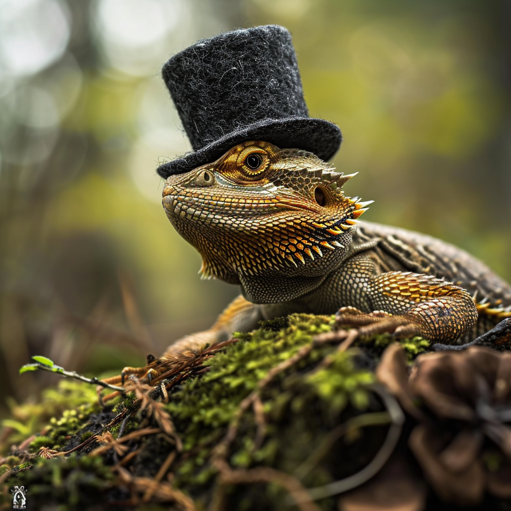 Bearded dragon wearing top hat in forest