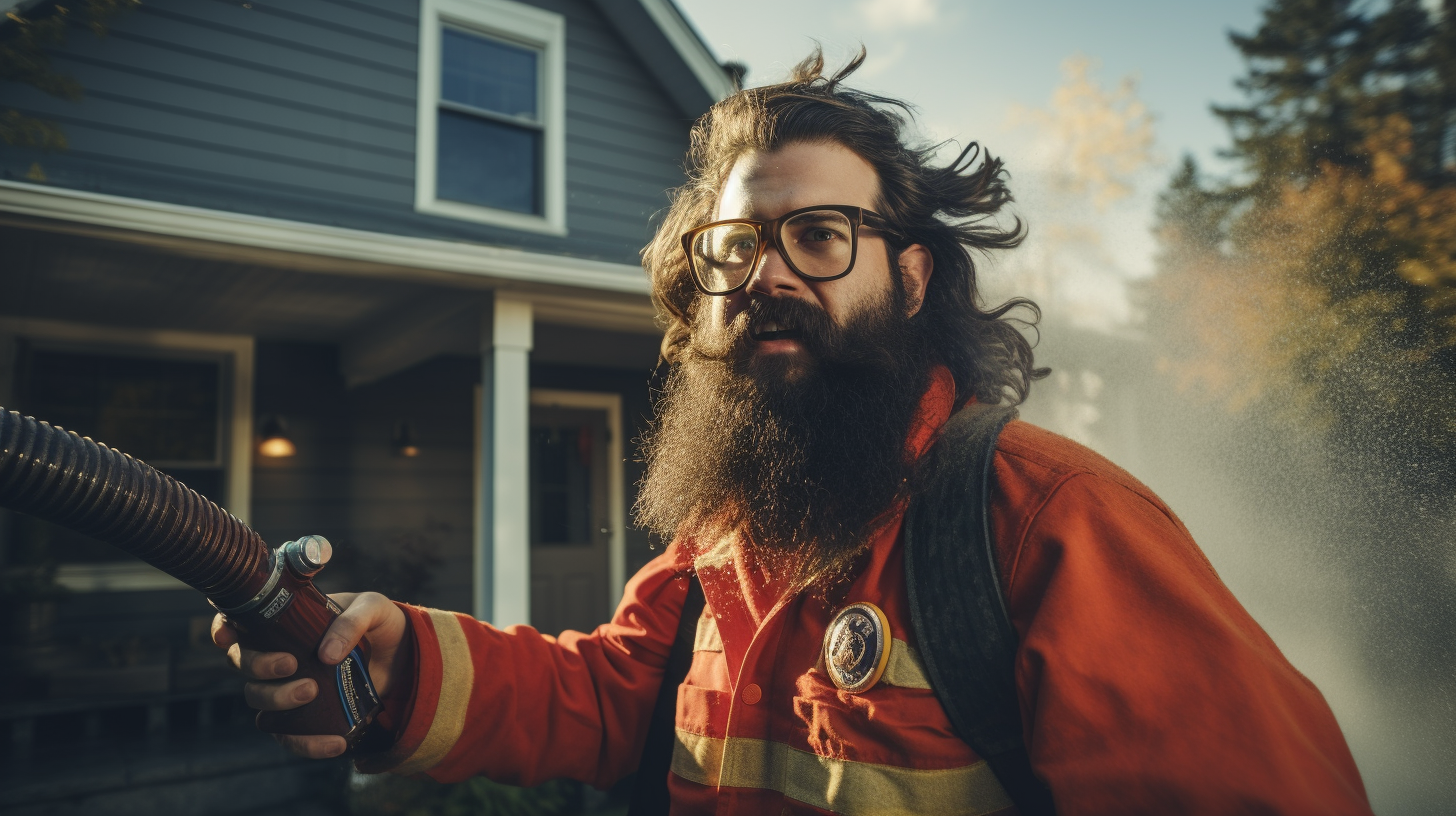 Bearded hipster firefighter extinguishing house fire