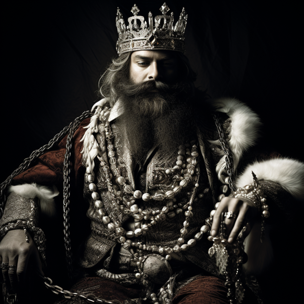 Bearded king with expensive jewellery