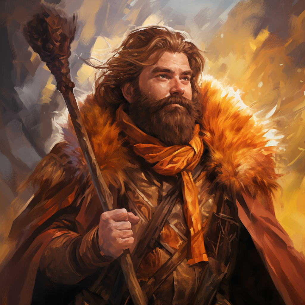 Bearded character with long staff in warm color palette