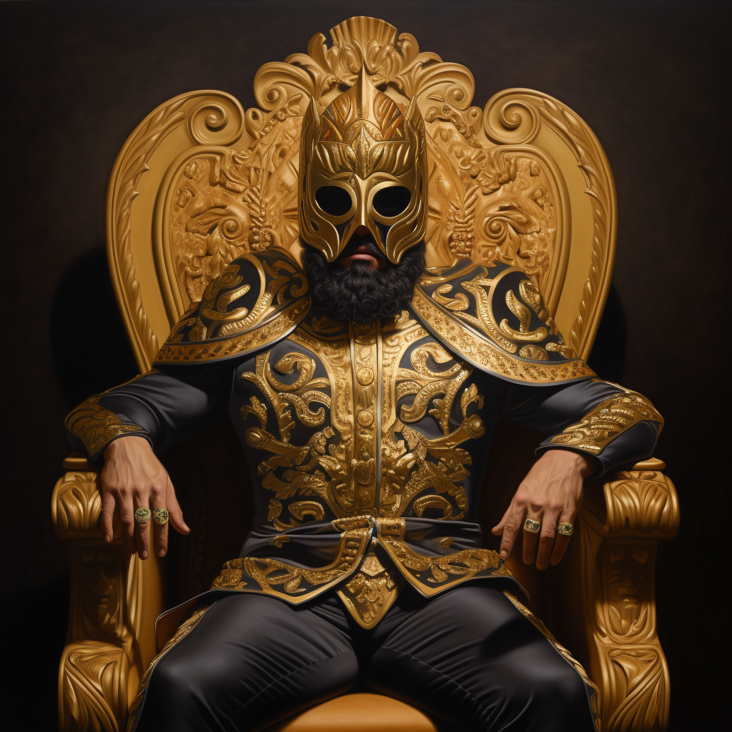 Bearded luchador on golden throne