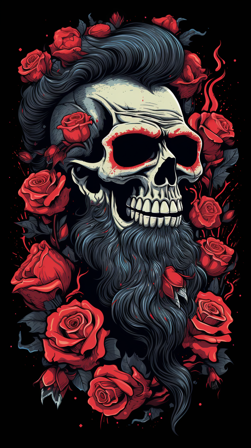 Bearded Mad Skull Biker with Red Roses