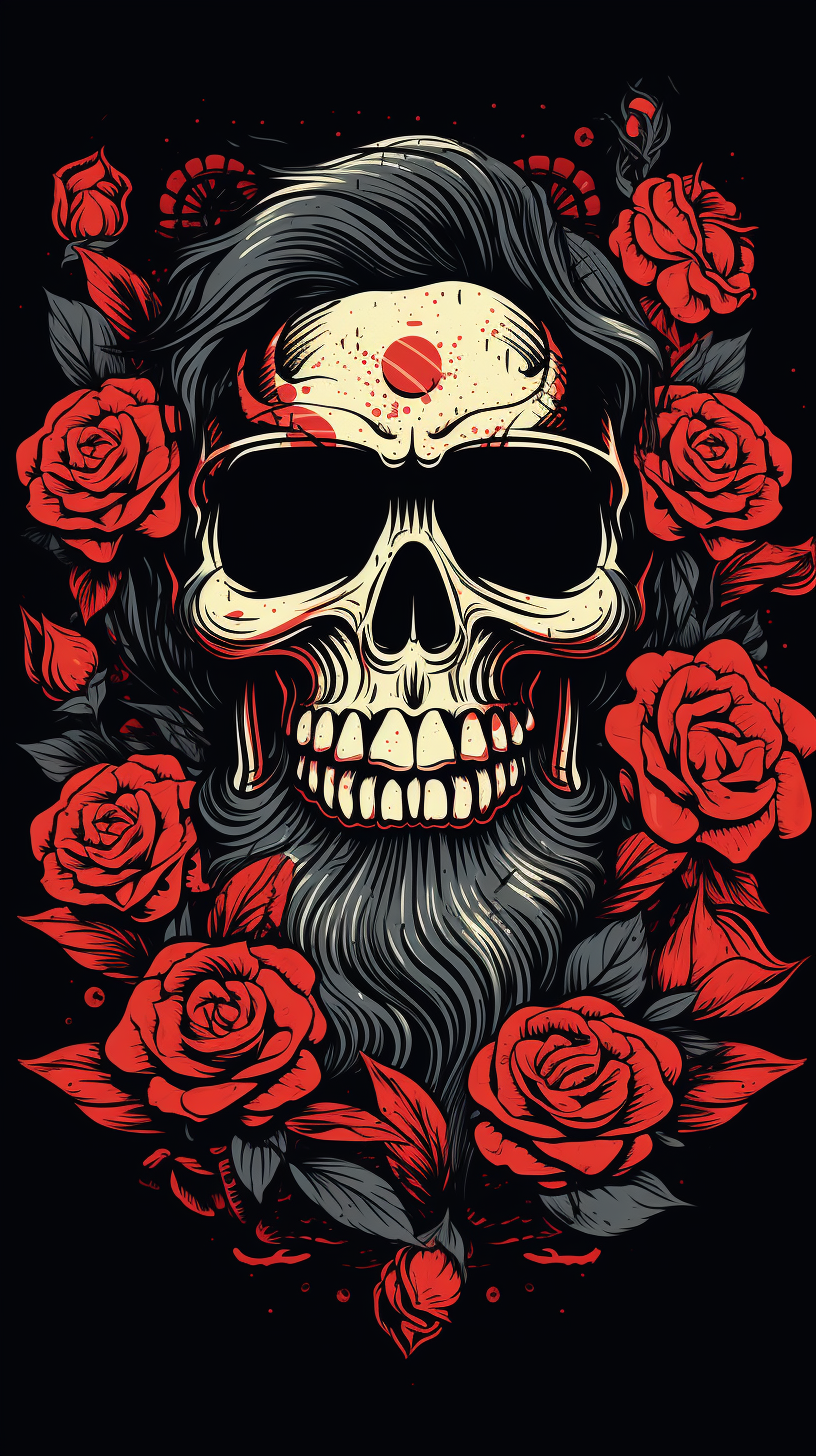 Flat illustration of bearded mad skull, biker skull, red roses