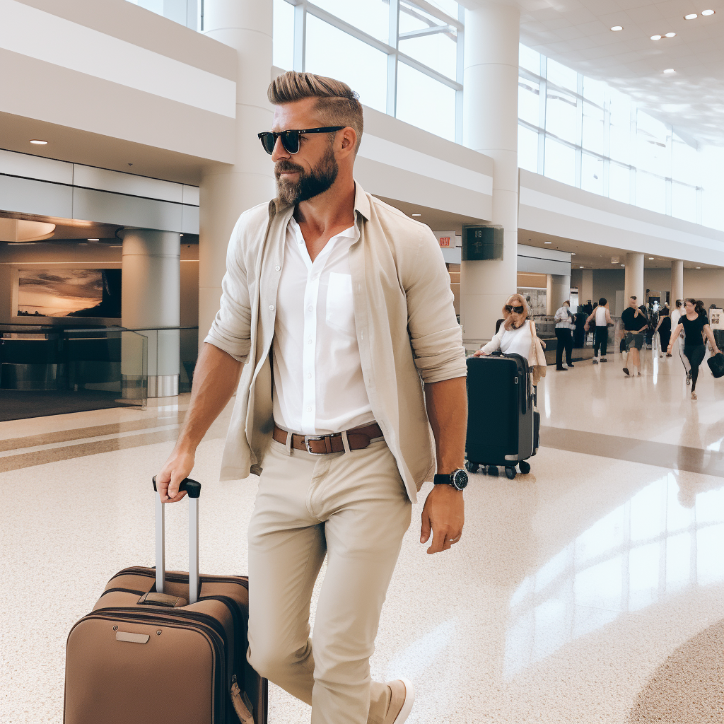 Bearded man in airport with carryon