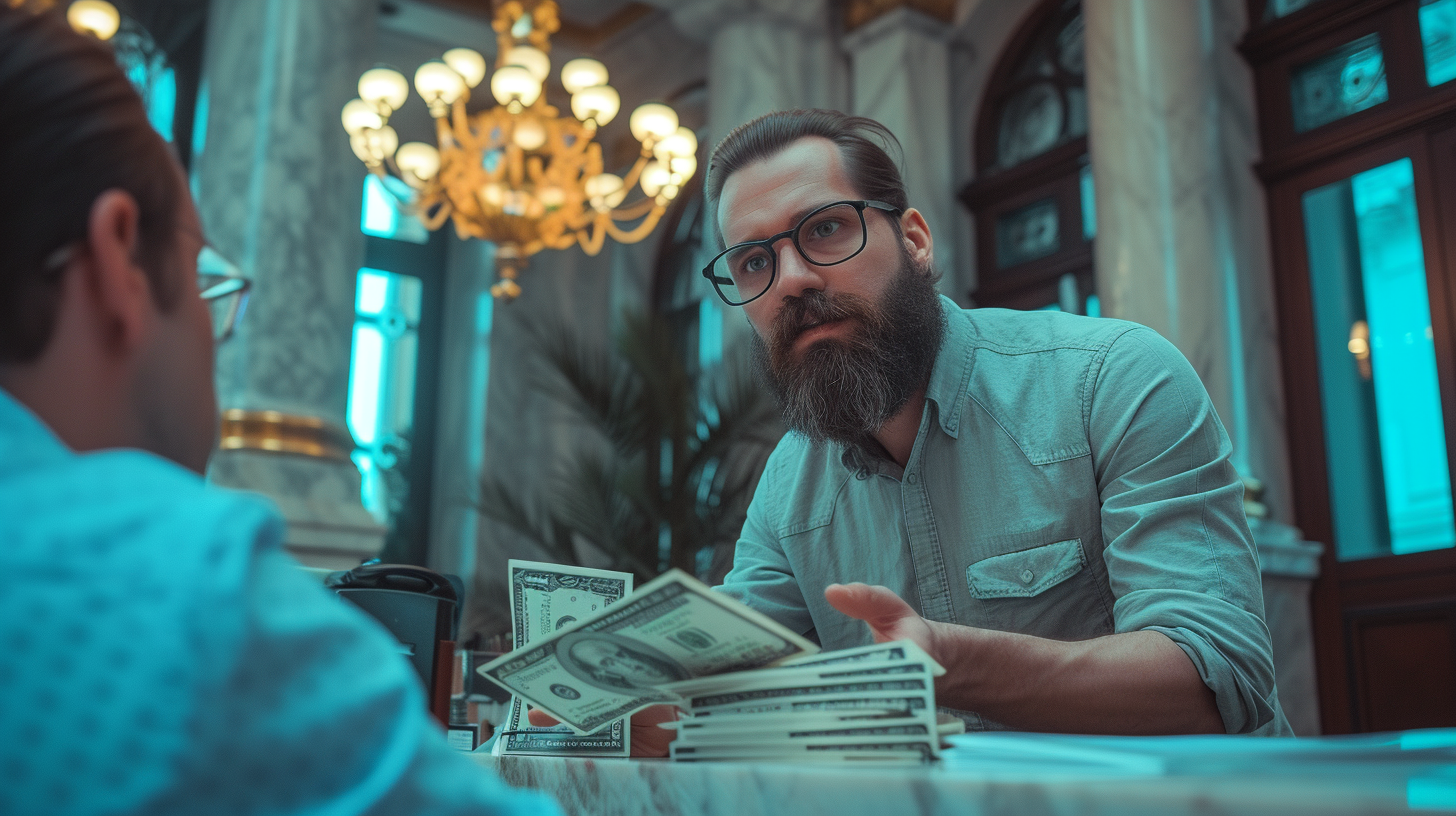 Bearded man at bank with dollars