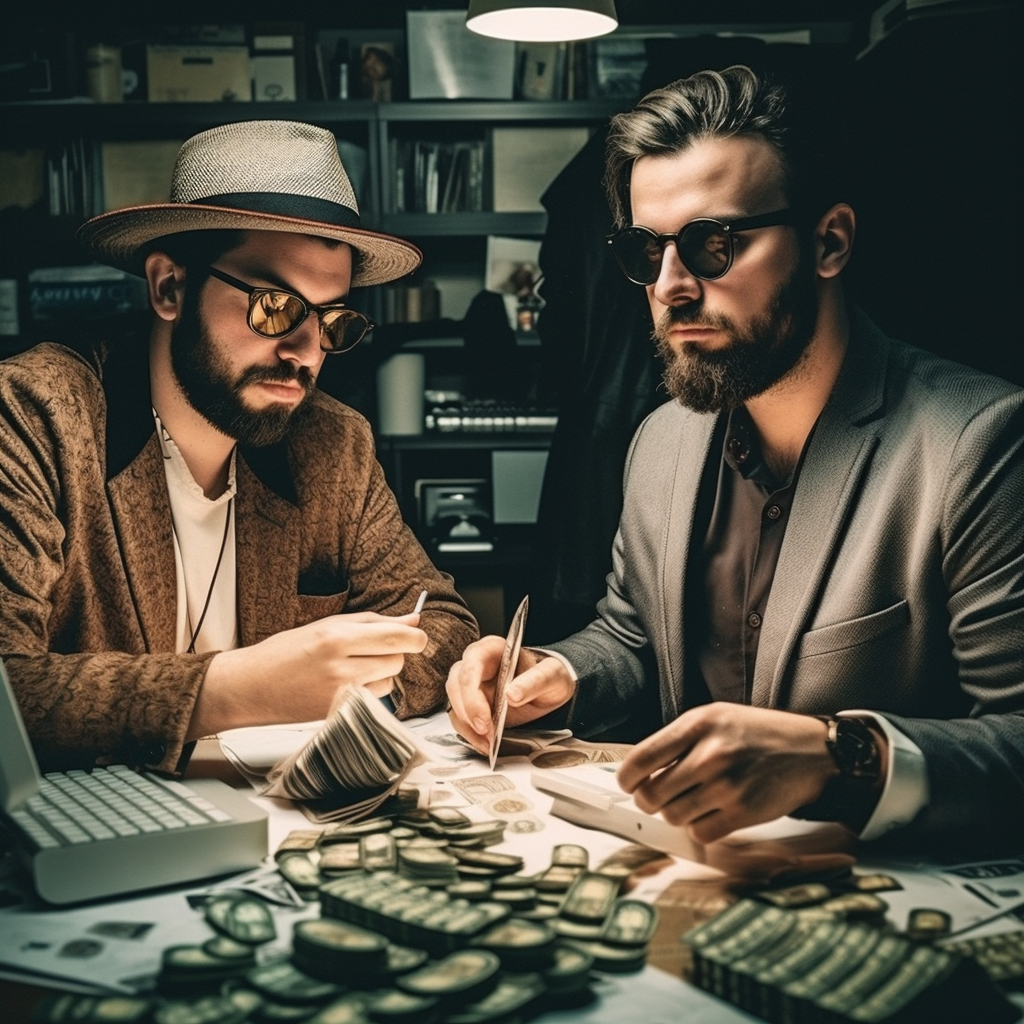 Bearded man programming with moneybags