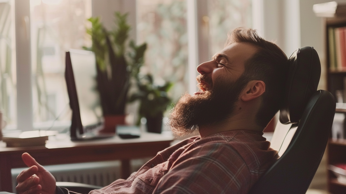 Bearded man computer smiling