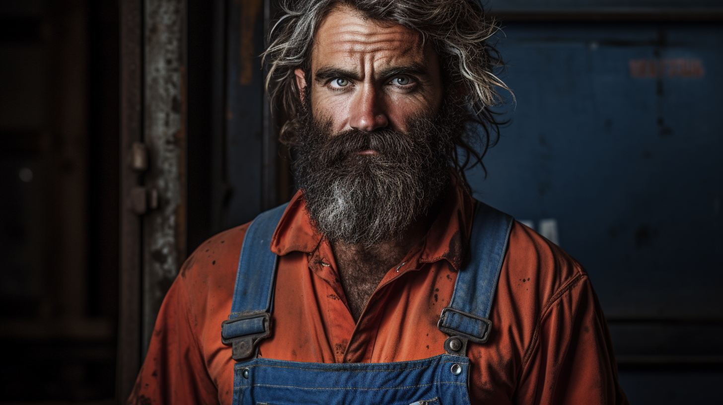 Stylish Bearded Man Ironing in Overalls